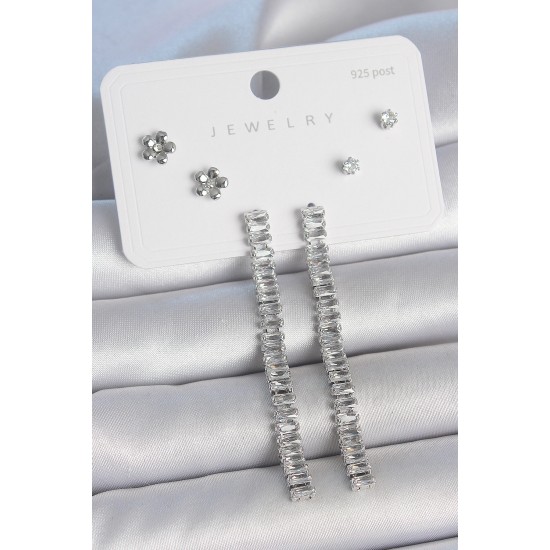 Pirinç Gümüş Renk Zirkon Taşlı Su Yolu Model Çiçek Detay 925 Ayar Gümüş Çivi Kadın Küpe Seti - TJ-BKP10497