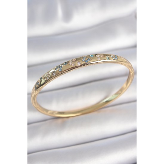 Pirinç Gold Renk Mavi Zirkon Taşlı Kelebek İşlemeli Kadın Kelepçe - TJ-BB6941