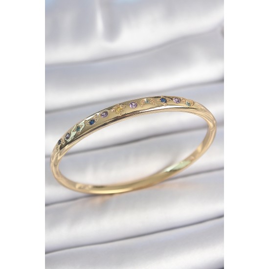 Pirinç Gold Renk Renkli Zirkon Taşlı Hilal Yıldız İşlemeli Kadın Kelepçe - TJ-BB6943