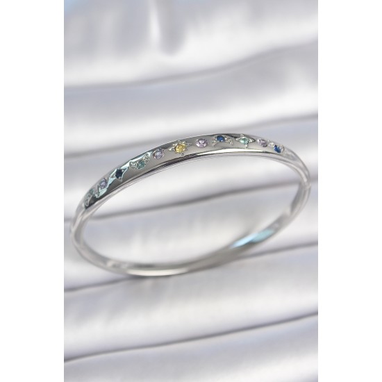 Pirinç Gümüş Renk Renkli Zirkon Taşlı Hilal Yıldız İşlemeli Kadın Kelepçe - TJ-BB6944