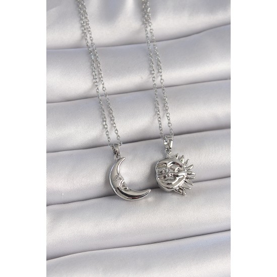 316L Çelik Gümüş Renk Ay Güneş Model Arkadaşlık Kadın Kolye - TJ-BKO10026