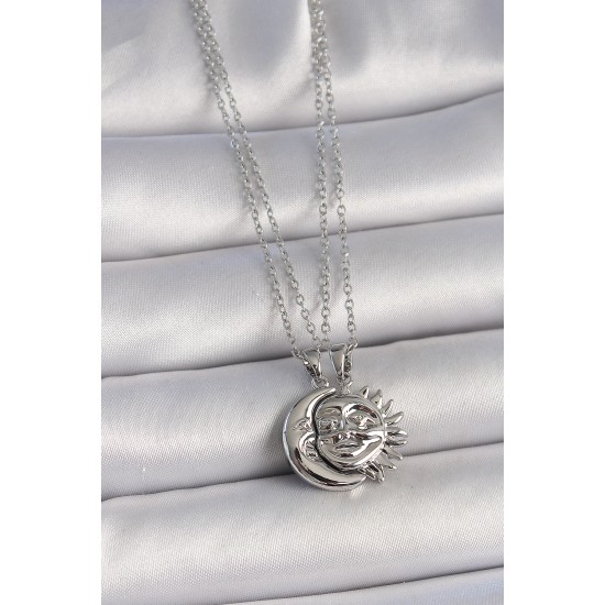316L Çelik Gümüş Renk Ay Güneş Model Arkadaşlık Kadın Kolye - TJ-BKO10026