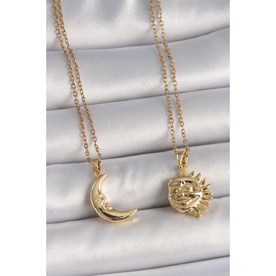 316L Çelik Gold Renk Ay Güneş Model Arkadaşlık Kadın Kolye - TJ-BKO10027