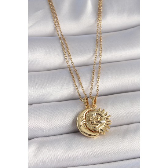 316L Çelik Gold Renk Ay Güneş Model Arkadaşlık Kadın Kolye - TJ-BKO10027