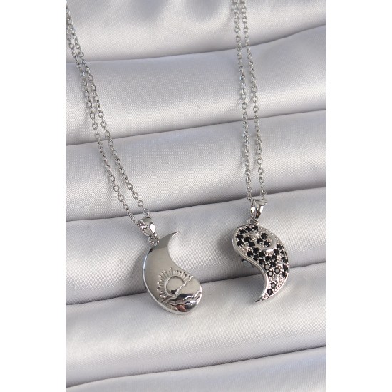 316L Çelik Gümüş Renk Zincir Zirkon Taşlı Ying Yang Model Gün Batımı İşlemeli Arakdaşlık Kadın Kolye - TJ-BKO10028