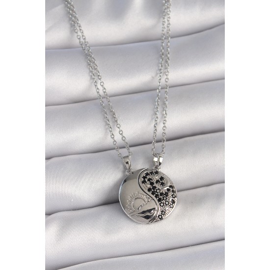 316L Çelik Gümüş Renk Zincir Zirkon Taşlı Ying Yang Model Gün Batımı İşlemeli Arakdaşlık Kadın Kolye - TJ-BKO10028