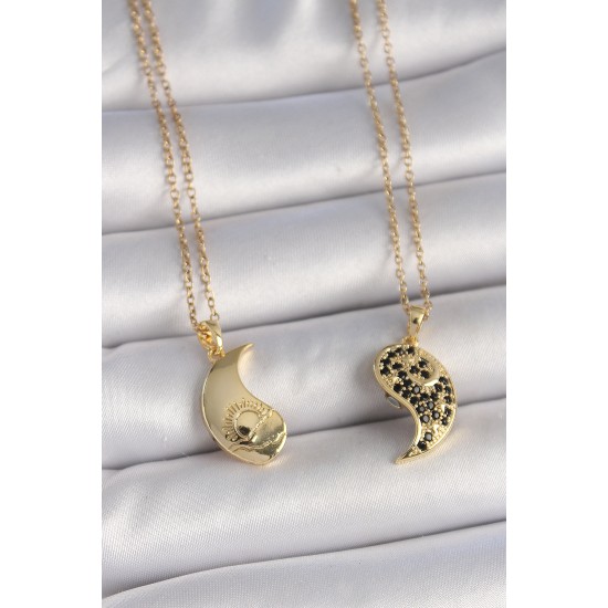 316L Çelik Gold Renk Zincir Zirkon Taşlı Ying Yang Model Gün Batımı İşlemeli Arkadaşlık Kadın Kolye - TJ-BKO10029