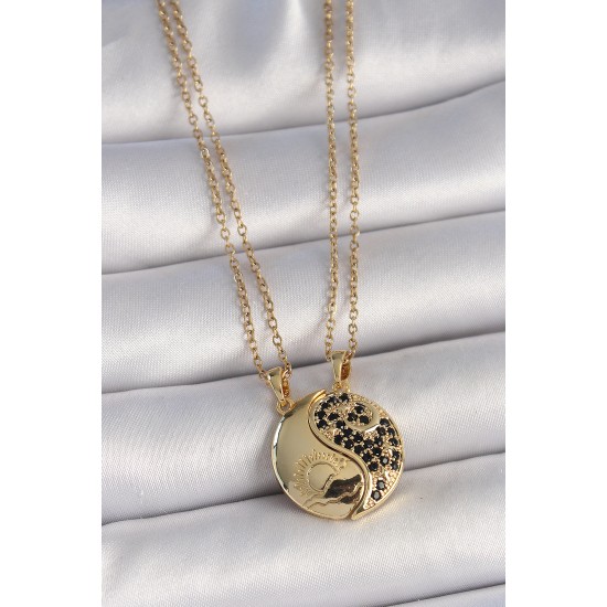 316L Çelik Gold Renk Zincir Zirkon Taşlı Ying Yang Model Gün Batımı İşlemeli Arkadaşlık Kadın Kolye - TJ-BKO10029