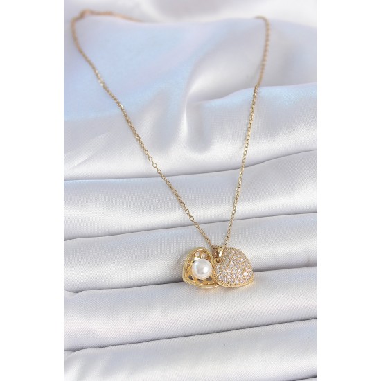 316L Çelik Gold Renk Zincir Zirkon Taşlı Açılır İncili Kalp Model Kadın Kolye - TJ-BKO10031