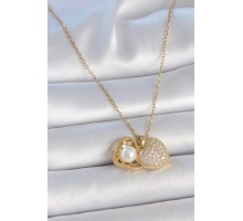 316L Çelik Gold Renk Zincir Zirkon Taşlı Açılır İncili Kalp Model Kadın Kolye - TJ-BKO10031