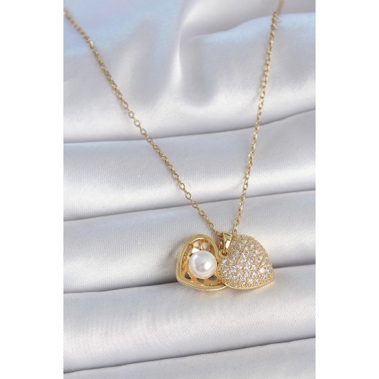 316L Çelik Gold Renk Zincir Zirkon Taşlı Açılır İncili Kalp Model Kadın Kolye - TJ-BKO10031