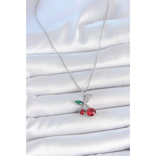 316L Çelik Gümüş Renk Zincir Kırmızı Zirkon Taşlı Kiraz Model Kadın Kolye - TJ-BKO10032