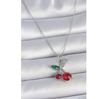 316L Çelik Gümüş Renk Zincir Kırmızı Zirkon Taşlı Kiraz Model Kadın Kolye - TJ-BKO10032