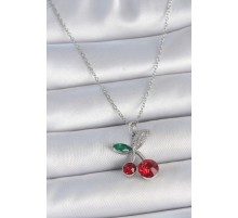 316L Çelik Gümüş Renk Zincir Kırmızı Zirkon Taşlı Kiraz Model Kadın Kolye - TJ-BKO10032