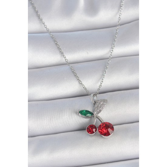 316L Çelik Gümüş Renk Zincir Kırmızı Zirkon Taşlı Kiraz Model Kadın Kolye - TJ-BKO10032