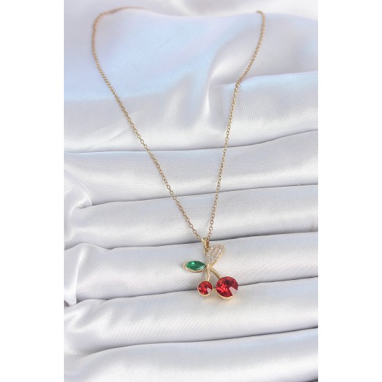 316L Çelik Gold Renk Kırmızı Zirkon Taşlı Kiraz Model Kadın Kolye - TJ-BKO10033