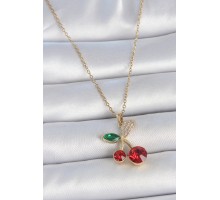 316L Çelik Gold Renk Kırmızı Zirkon Taşlı Kiraz Model Kadın Kolye - TJ-BKO10033