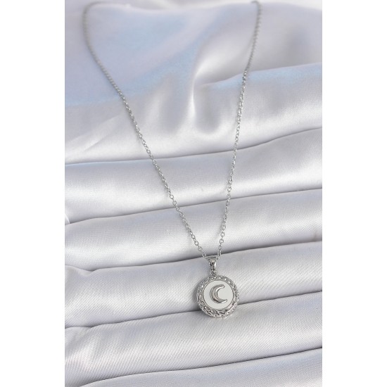 316L Çelik Gümüş Renk Zincir Beyaz Mineli Hilal İşlemeli Madalyon Model Kadın Kolye - TJ-BKO10034