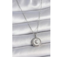 316L Çelik Gümüş Renk Zincir Beyaz Mineli Hilal İşlemeli Madalyon Model Kadın Kolye - TJ-BKO10034