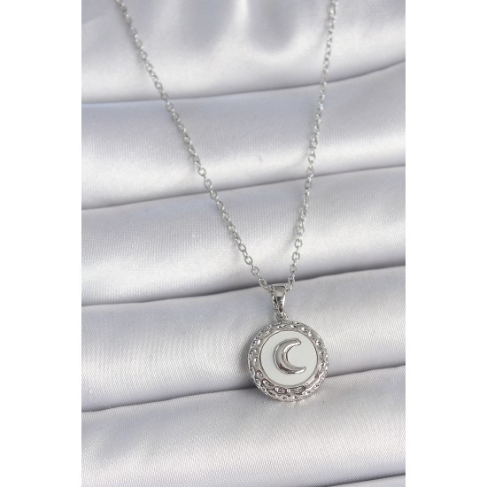 316L Çelik Gümüş Renk Zincir Beyaz Mineli Hilal İşlemeli Madalyon Model Kadın Kolye - TJ-BKO10034