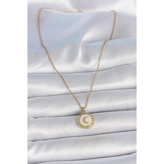 316L Çelik Gold Renk Zincir Beyaz Mineli Hilal İşlemeli Madalyon Model Kadın Kolye - TJ-BKO10035