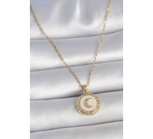 316L Çelik Gold Renk Zincir Beyaz Mineli Hilal İşlemeli Madalyon Model Kadın Kolye - TJ-BKO10035