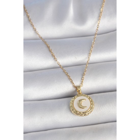 316L Çelik Gold Renk Zincir Beyaz Mineli Hilal İşlemeli Madalyon Model Kadın Kolye - TJ-BKO10035