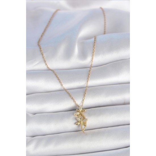 316L Çelik Gold Renk Zincir Zirkon Taşlı Yusufçuk Model Kadın Kolye - TJ-BKO10037