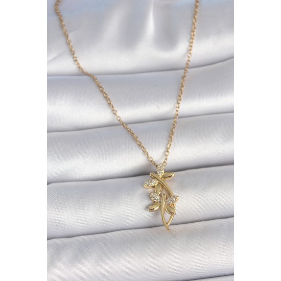 316L Çelik Gold Renk Zincir Zirkon Taşlı Yusufçuk Model Kadın Kolye - TJ-BKO10037