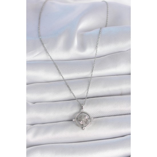 316L Çelik Gümüş Renk Zincir Zirkon Taşlı Pusula Model Kadın Kolye - TJ-BKO10038