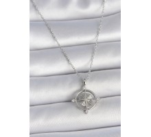 316L Çelik Gümüş Renk Zincir Zirkon Taşlı Pusula Model Kadın Kolye - TJ-BKO10038