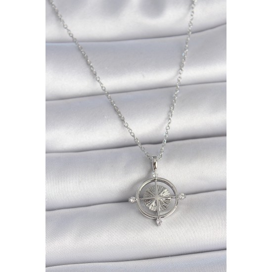 316L Çelik Gümüş Renk Zincir Zirkon Taşlı Pusula Model Kadın Kolye - TJ-BKO10038