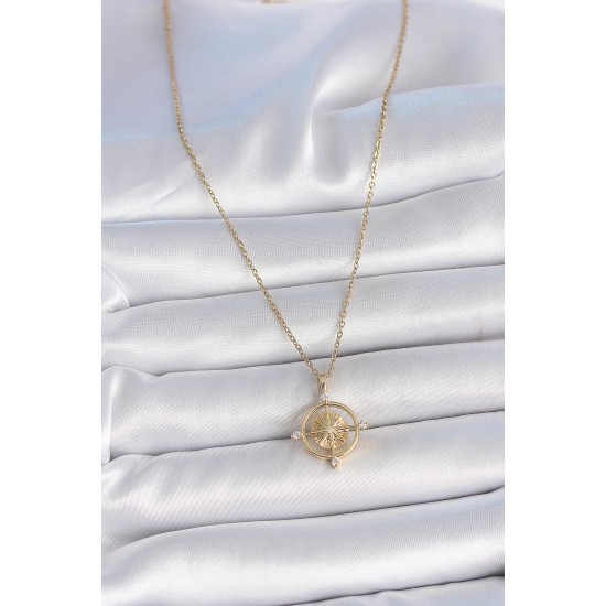 316L Çelik Gold Renk Zincir Zirkon Taşlı Pusula Model Kadın Kolye - TJ-BKO10039