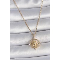 316L Çelik Gold Renk Zincir Zirkon Taşlı Pusula Model Kadın Kolye TJ-BKO10039