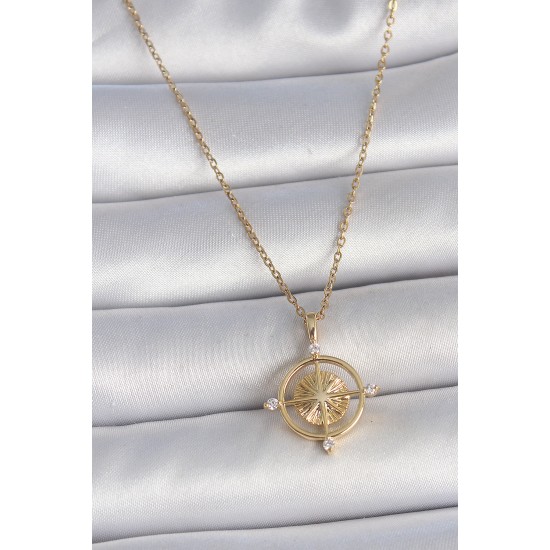 316L Çelik Gold Renk Zincir Zirkon Taşlı Pusula Model Kadın Kolye - TJ-BKO10039