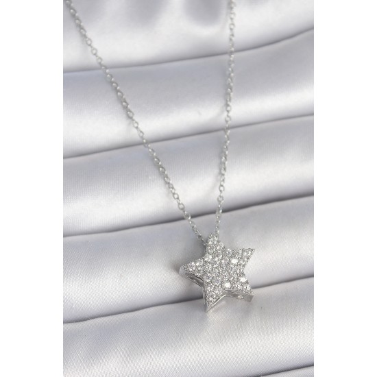 316L Çelik Gümüş Renk Zincir Zirkon Taşlı Yıldız Model Kadın Kolye - TJ-BKO10040