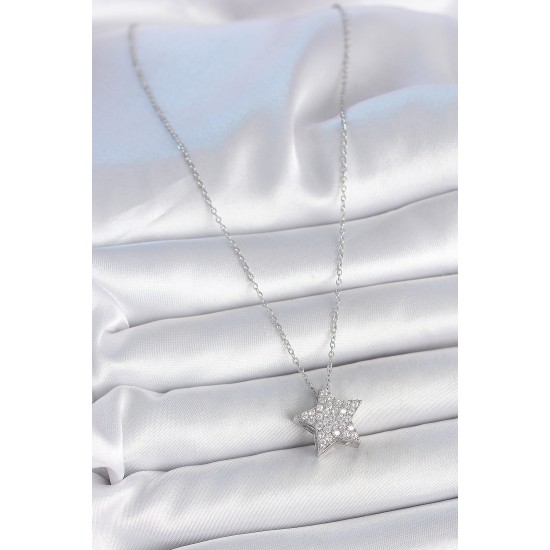 316L Çelik Gümüş Renk Zincir Zirkon Taşlı Yıldız Model Kadın Kolye - TJ-BKO10040