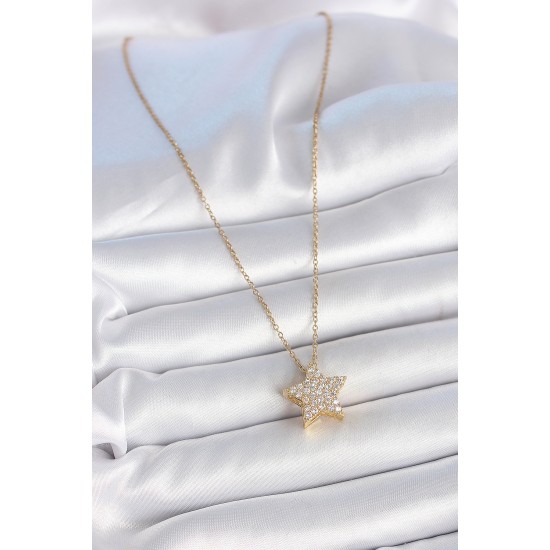 316L Çelik Gold Renk Zincir Zirkon Taşlı Yıldız Model Kadın Kolye - TJ-BKO10041