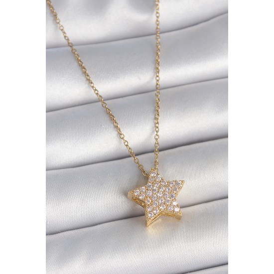316L Çelik Gold Renk Zincir Zirkon Taşlı Yıldız Model Kadın Kolye - TJ-BKO10041