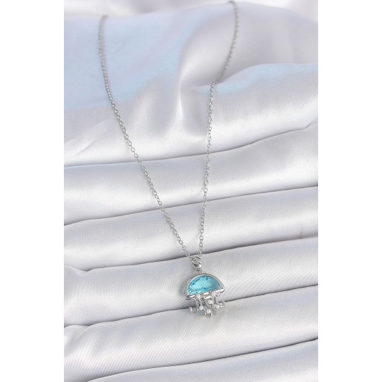 316L Çelik Gümüş Renk Zincir Mavi Taşlı Deniz Anası Model İnci Detay Kadın Kolye - TJ-BKO10042