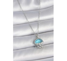 316L Çelik Gümüş Renk Zincir Mavi Taşlı Deniz Anası Model İnci Detay Kadın Kolye - TJ-BKO10042