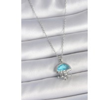 316L Çelik Gümüş Renk Zincir Mavi Taşlı Deniz Anası Model İnci Detay Kadın Kolye - TJ-BKO10042