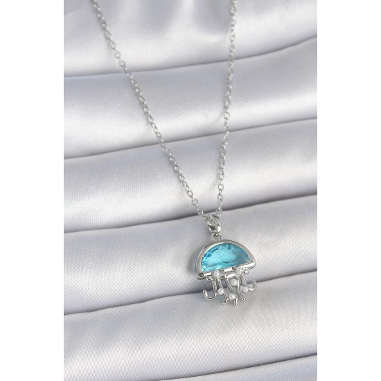 316L Çelik Gümüş Renk Zincir Mavi Taşlı Deniz Anası Model İnci Detay Kadın Kolye - TJ-BKO10042