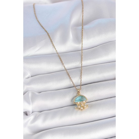 316L Çelik Gold Renk Mavi Taşlı Deniz Anası Model İnci Detay Kadın Kolye - TJ-BKO10043