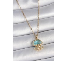 316L Çelik Gold Renk Mavi Taşlı Deniz Anası Model İnci Detay Kadın Kolye - TJ-BKO10043