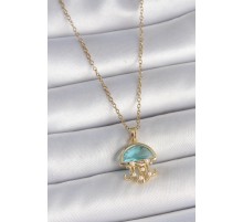 316L Çelik Gold Renk Mavi Taşlı Deniz Anası Model İnci Detay Kadın Kolye - TJ-BKO10043