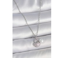 316L Çelik Gümüş Renk Zincir Zirkon Taşlı Deniz Kabuğu Model İnci Detay Kadın Kolye - TJ-BKO10044