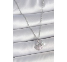 316L Çelik Gümüş Renk Zincir Zirkon Taşlı Deniz Kabuğu Model İnci Detay Kadın Kolye - TJ-BKO10044