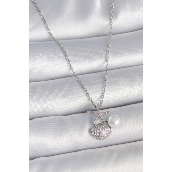 316L Çelik Gümüş Renk Zincir Zirkon Taşlı Deniz Kabuğu Model İnci Detay Kadın Kolye - TJ-BKO10044