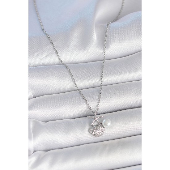 316L Çelik Gümüş Renk Zincir Zirkon Taşlı Deniz Kabuğu Model İnci Detay Kadın Kolye - TJ-BKO10044